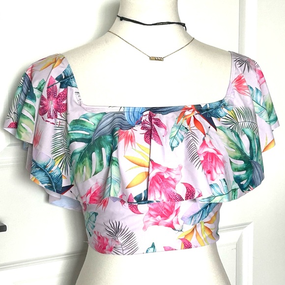 NWT 2 Piece Tropical Swim Suit High waisted Bikini Floral Palm - Picture 2 of 12